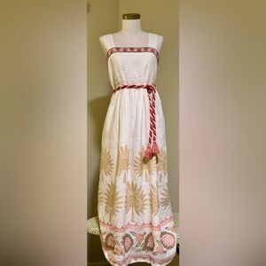 Spartina 449 White Midi Dress with Red Embroidery and Pink Belt